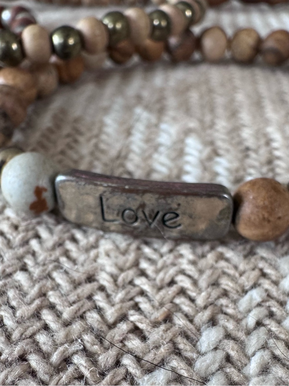 Boho Inspired Love Beaded Stretch Bracelets in Beige and Silver